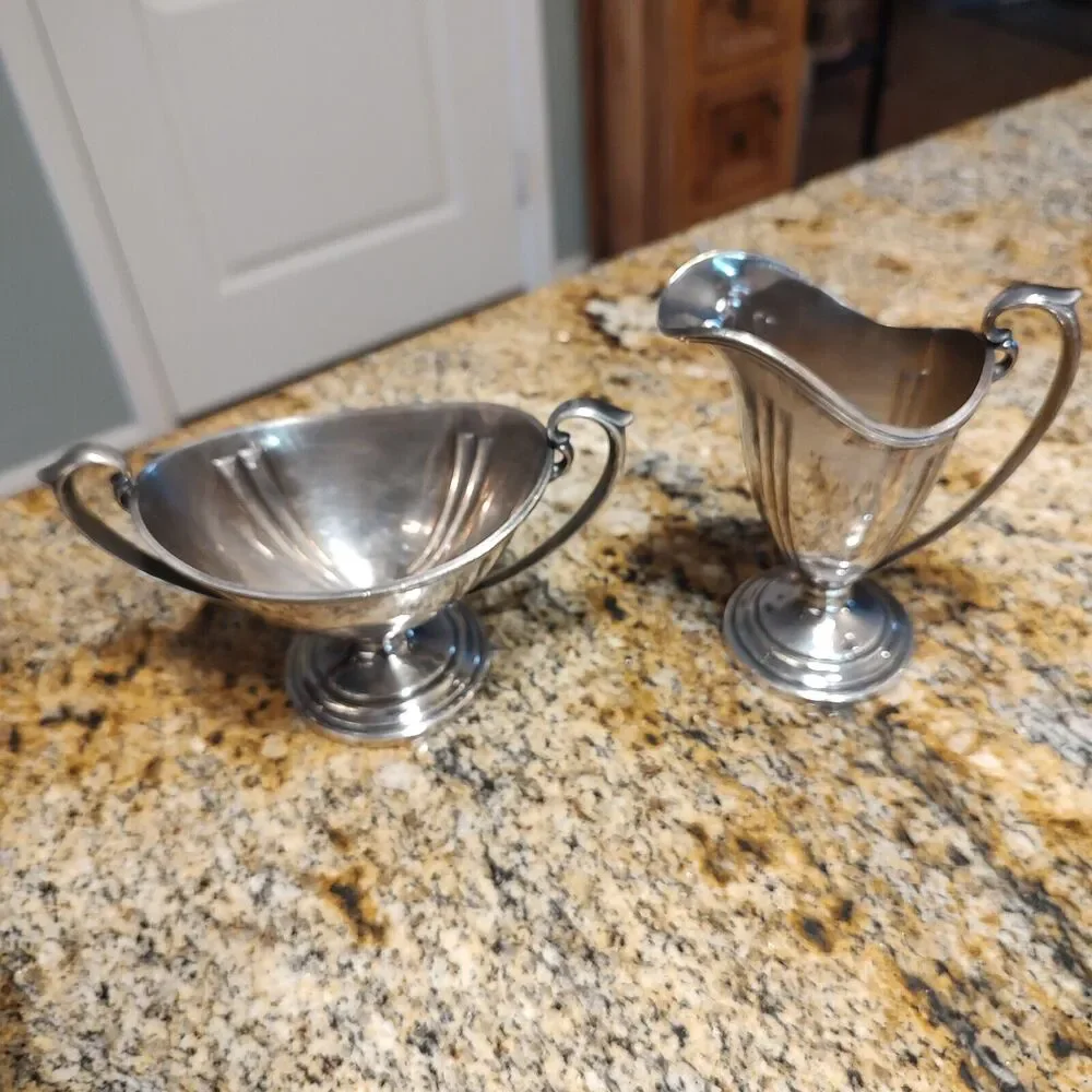 Evans EPNS Silverplate Art Deco Footed Pitcher-Style Creamer And Sugar X11